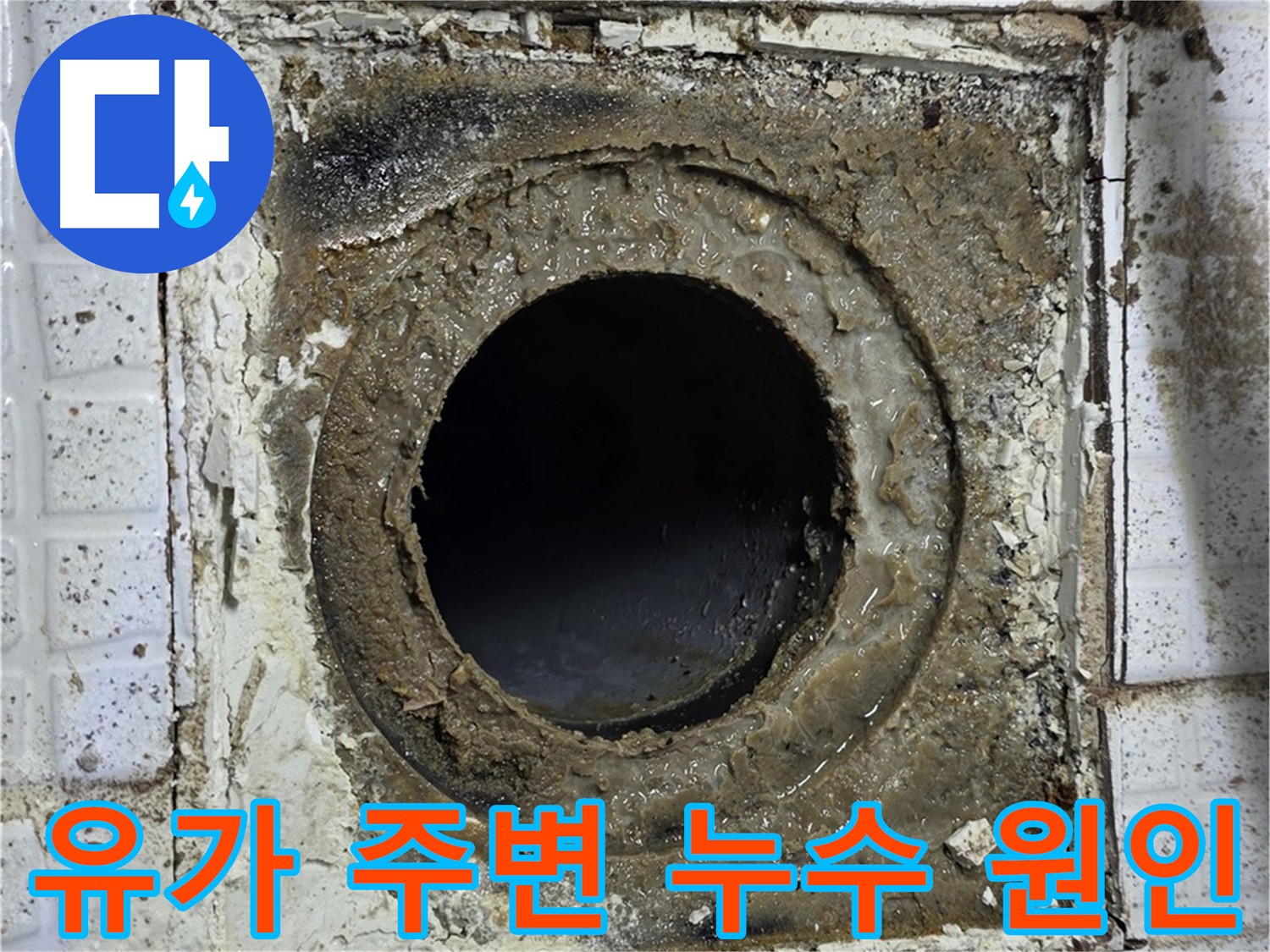 물이 고인 유가 주변 - 방수층 문제로 인한 누수 증거