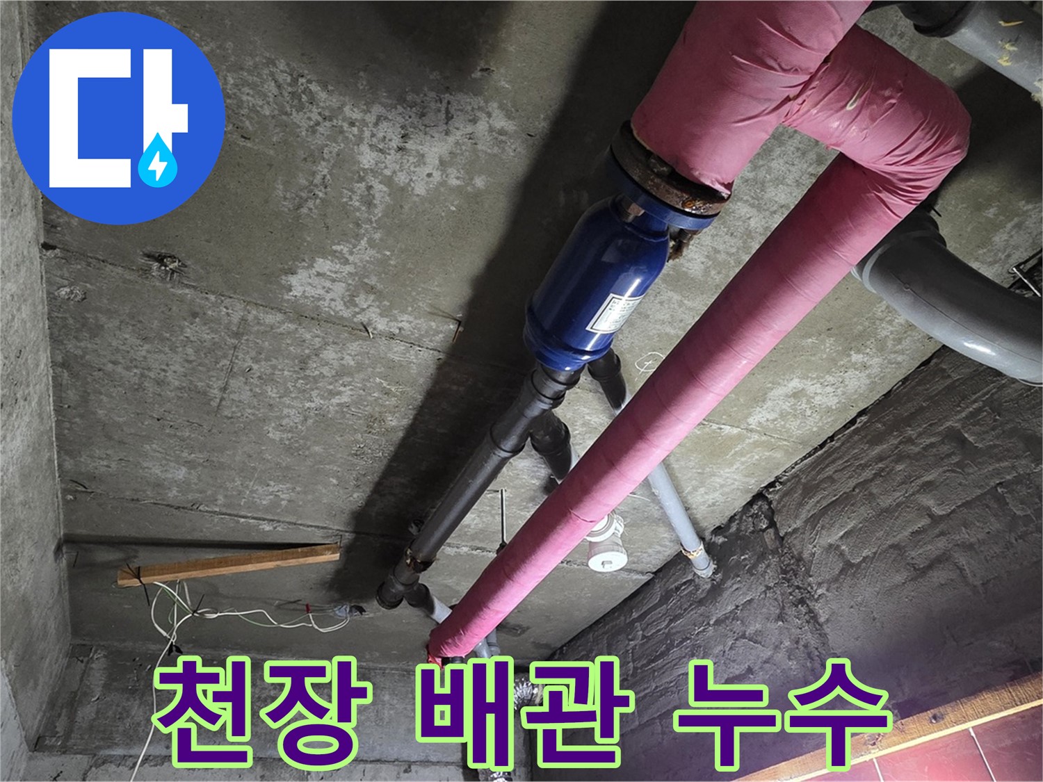 화도읍 두산아파트 천장 배관 누수 - 천장 속 배관에서 누수가 발생한 모습과 누수 탐지 장비 사용 장면