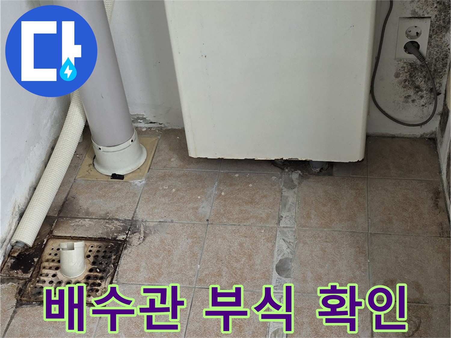 보일러 하단 누수 - 배수관 연결 부위 부식 및 곰팡이 확인