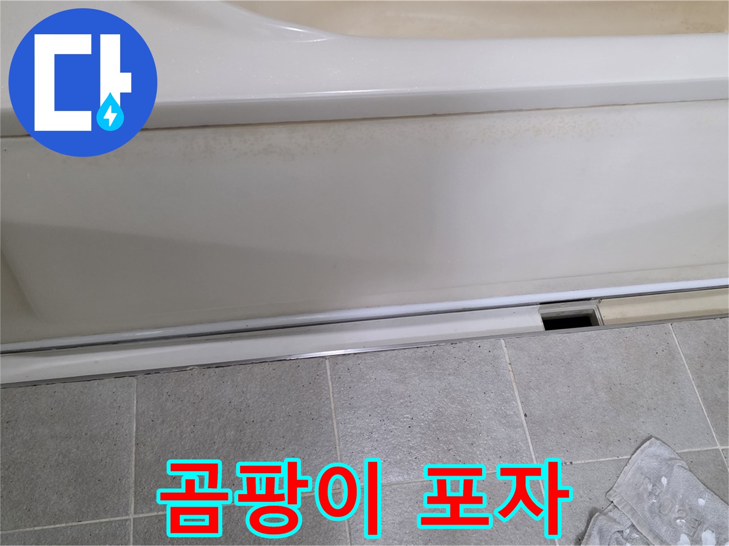 분당 운중동 산운마을에서 욕조 점검구 주변 곰팡이 포자를 확인하는 모습입니다 - 곰팡이 포자는 습기와 누수의 증거입니다.