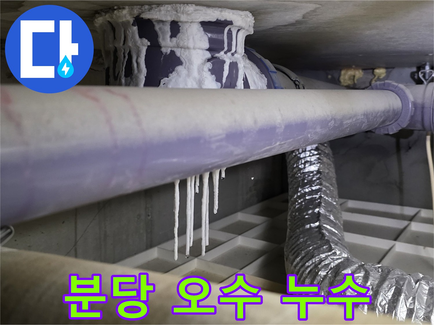 손상된 오수 배관 - 오래된 누수로 인한 석회 고드름 발생