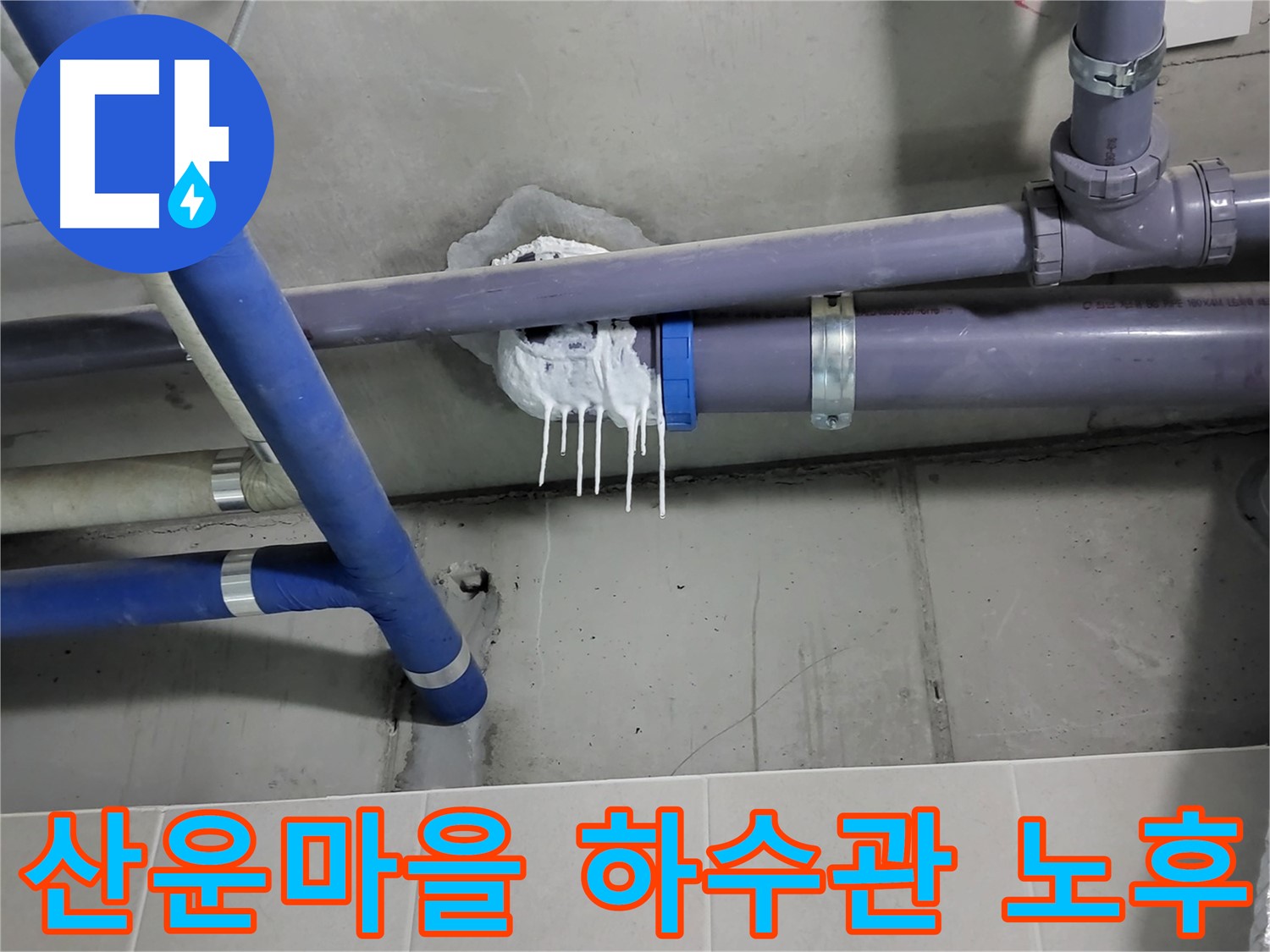 산운마을 하수 오수 배관 누수 - 천장 점검구에서 확인된 석회 고드름