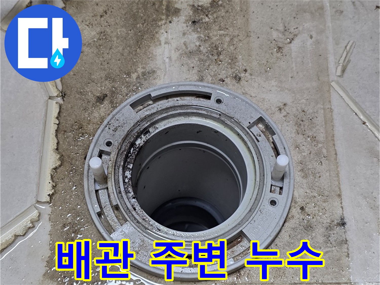 변기 배관 주변 심각한 누수 흔적 - 벽과 타일에 곰팡이와 물때가 심하게 발생했습니다.