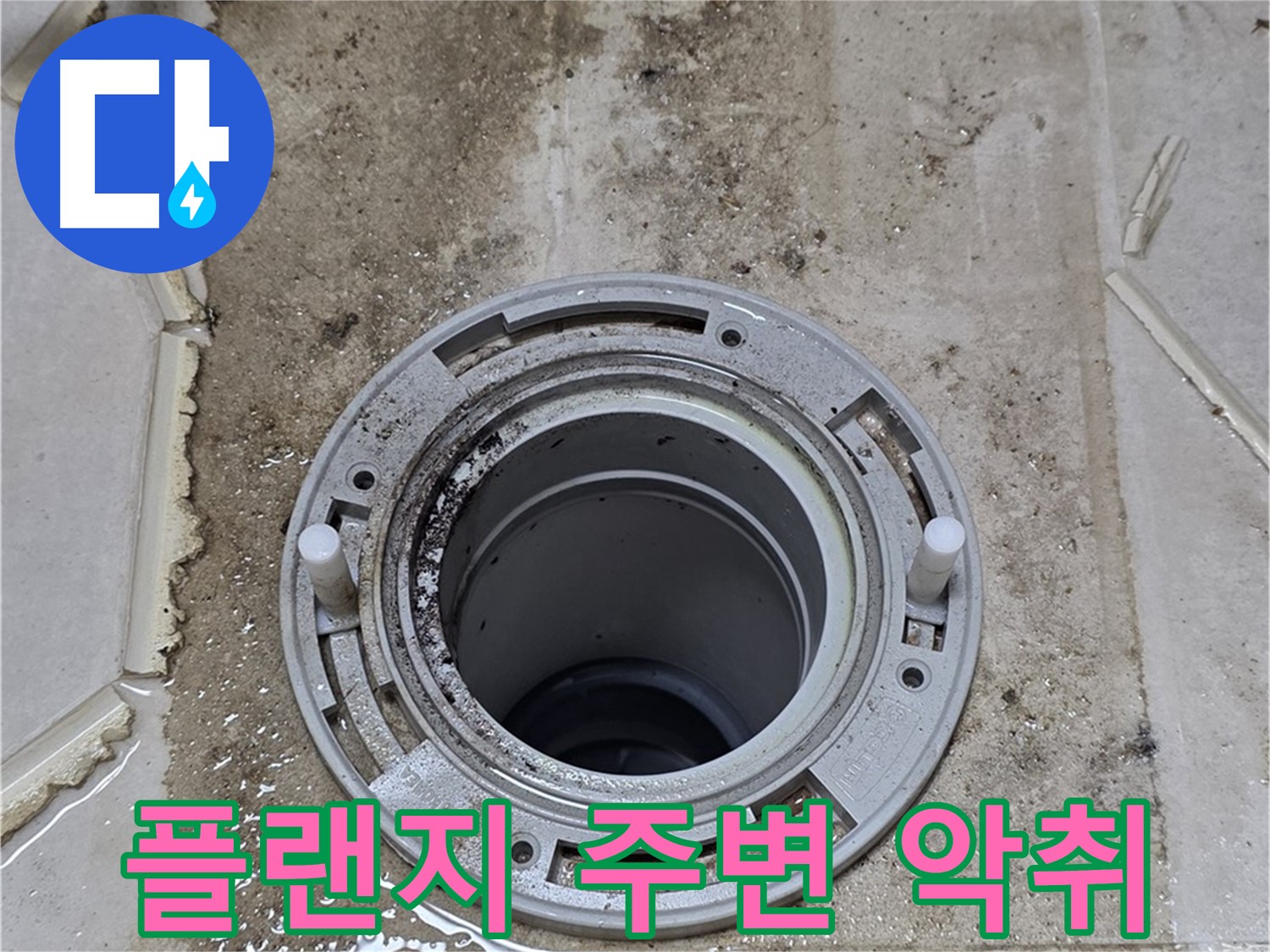 변기 플랜지 주변 - 심각한 오염과 함께 누수 장기화로 인한 악취가 발생하고 있습니다.