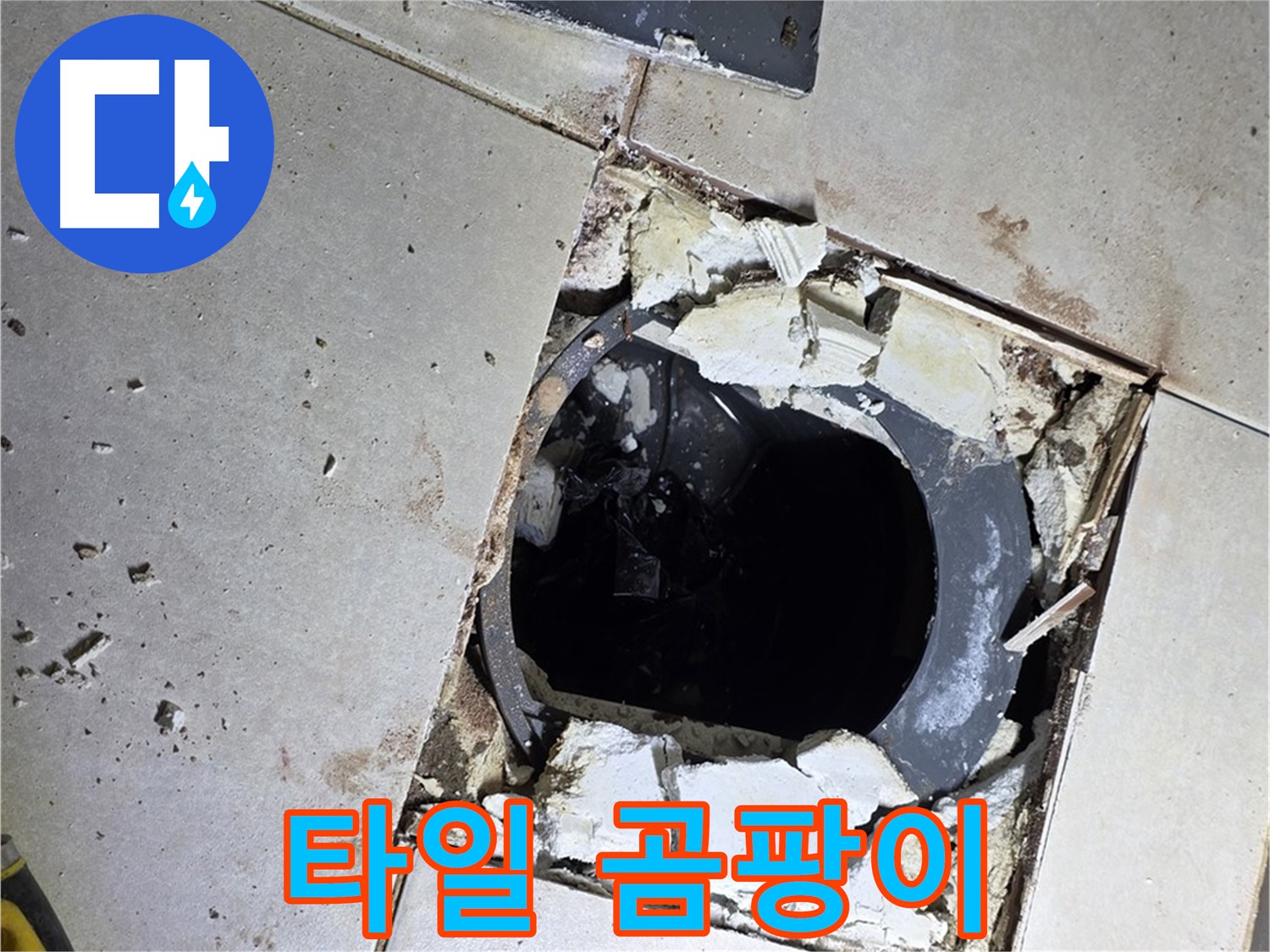양주 옥정동 욕실 누수 - 율정마을13단지 배수구 주변 깨진 타일 조각과 곰팡이의 흔적