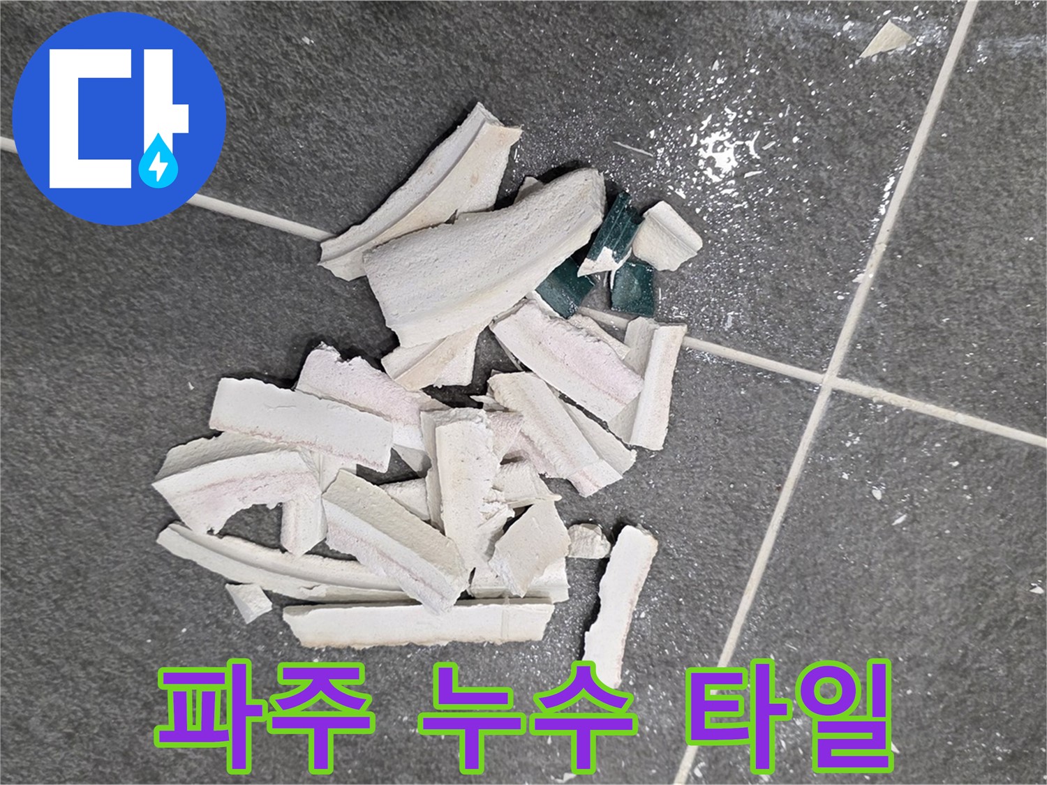 파주 누수 현장, 누수 탐지를 위해 파손된 타일 조각들 - 누수 원인 해결을 위한 첫 걸음입니다.