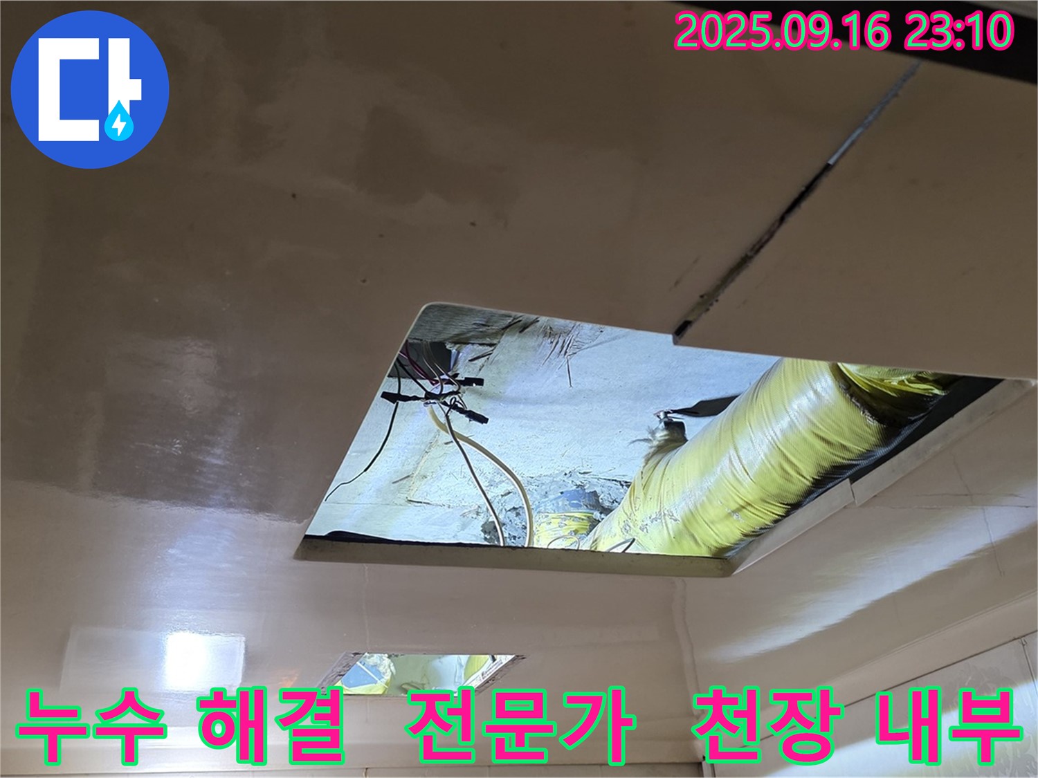 천장 내부 누수 해결 - 누수 해결 전문 기술자가 꼼꼼하게 점검하고 있습니다.