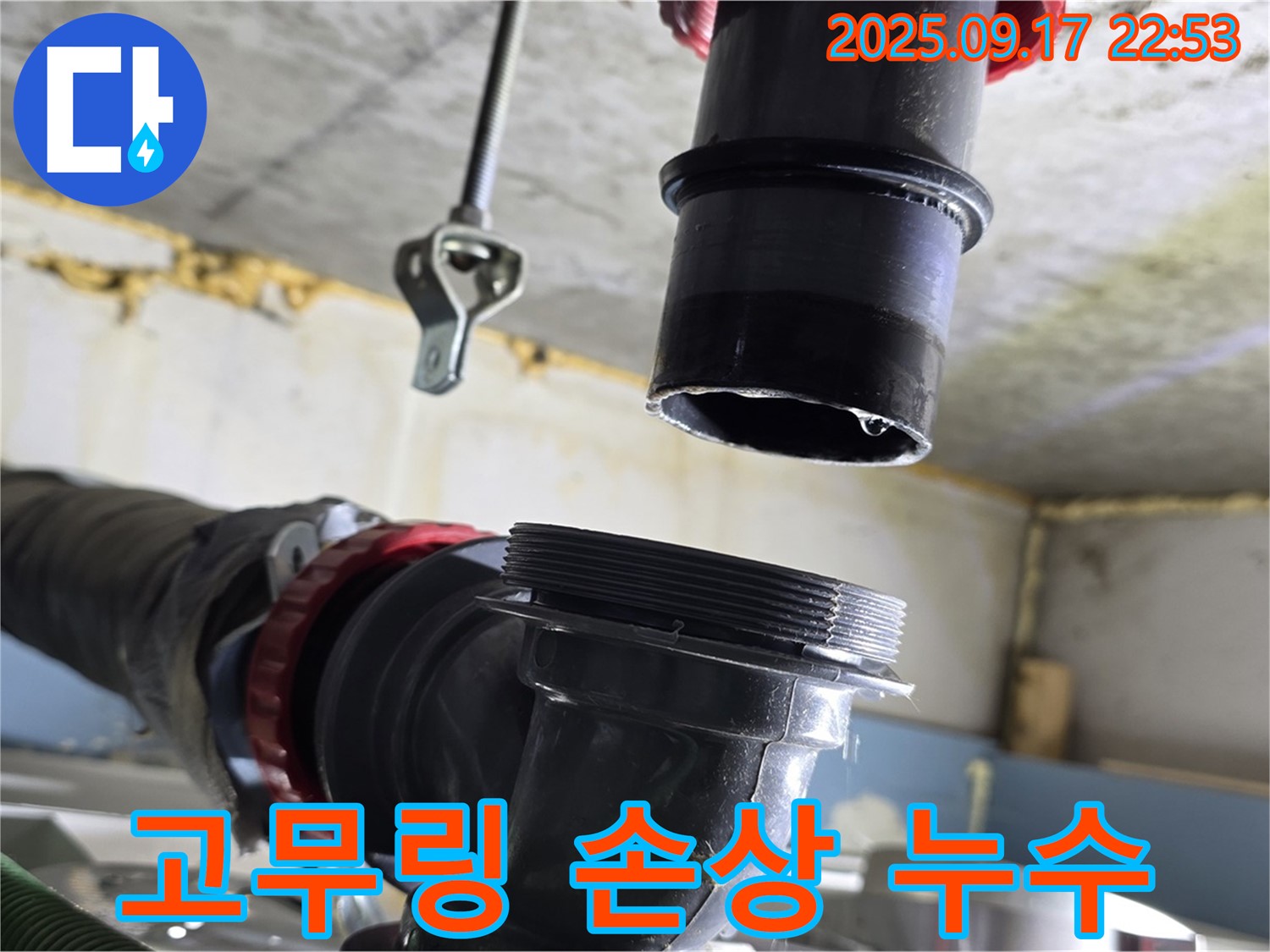 싱크대 하수구 배수관 연결 부위 고무링 손상 - 새 고무링으로 교체했습니다.