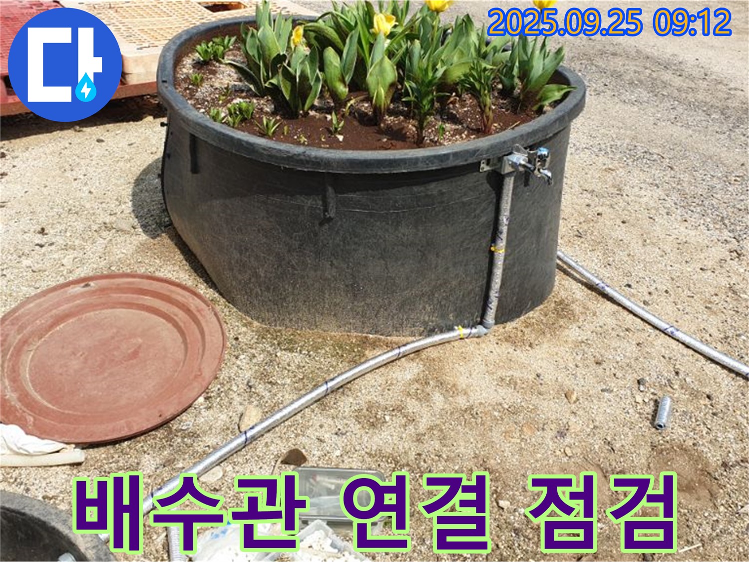 양주시 백석읍 복지리 화단 물탱크 - 배수관 연결부에서 발생한 누수를 긴급하게 점검하는 모습입니다.