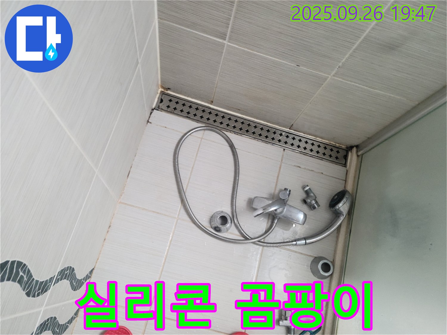 동두천시 중앙동 누수 - 샤워기 수전 주변 실리콘이 변색되고 곰팡이가 핀 것을 보여줍니다.