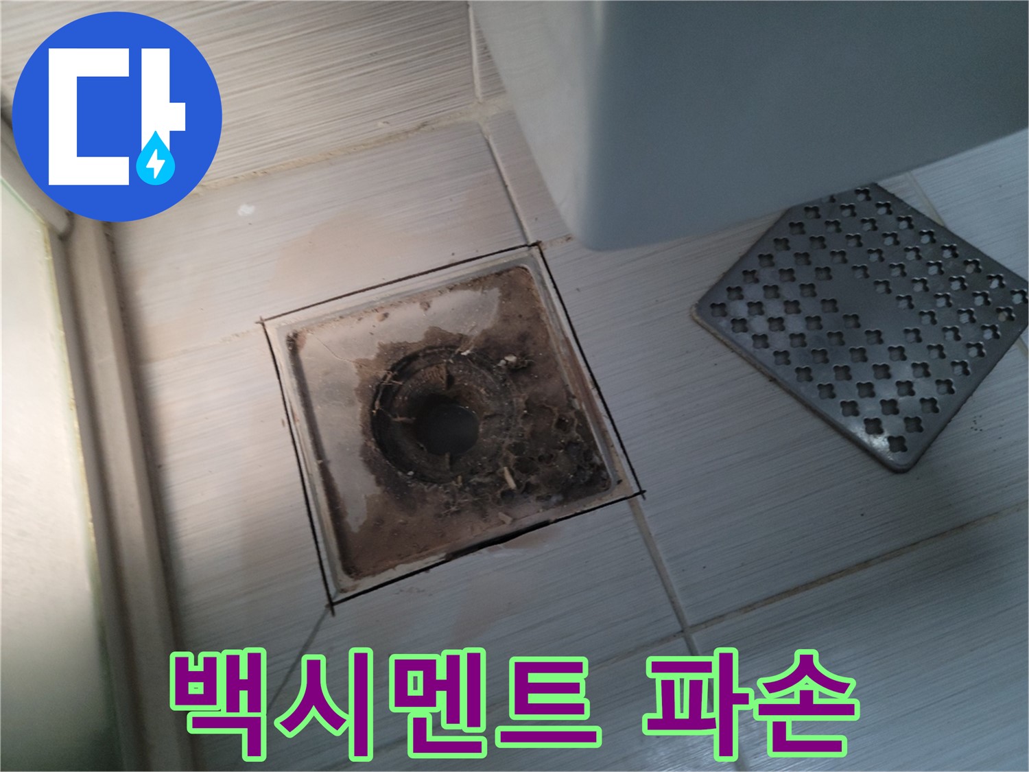 욕실 배수구 주변 - 백시멘트 파손 - 누수 가능성 높음, 긴급 점검