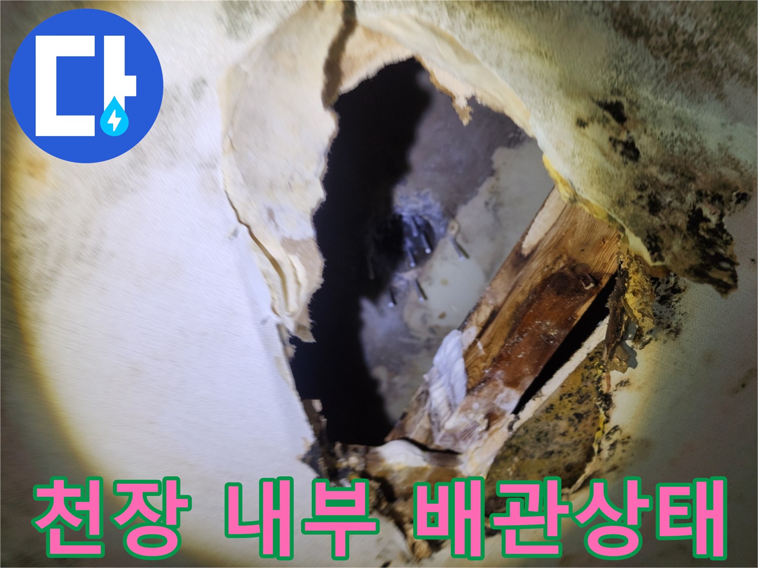 훼손된 천장재 사이로 보이는-누수 의심 배관 부위