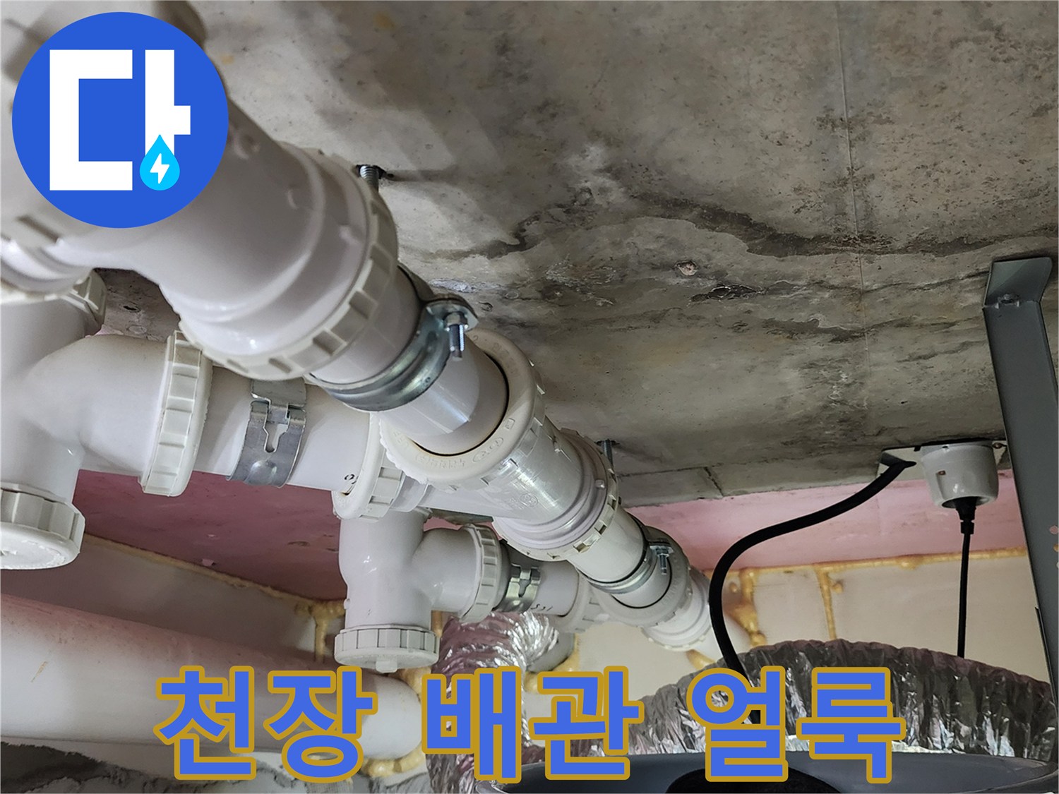 양주 봉암리 현장의 천장 콘크리트 슬라브 배관 주변 누수 흔적