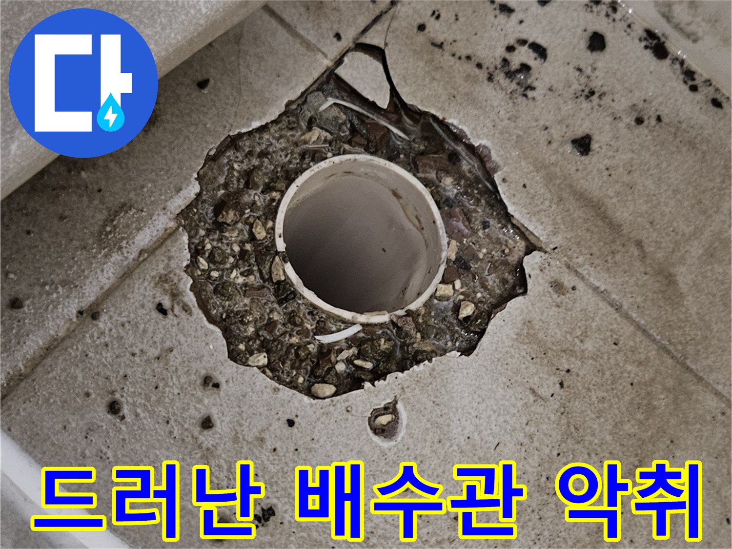 깨진 타일 아래 드러난 배수관 - 악취 발생 긴급 점검