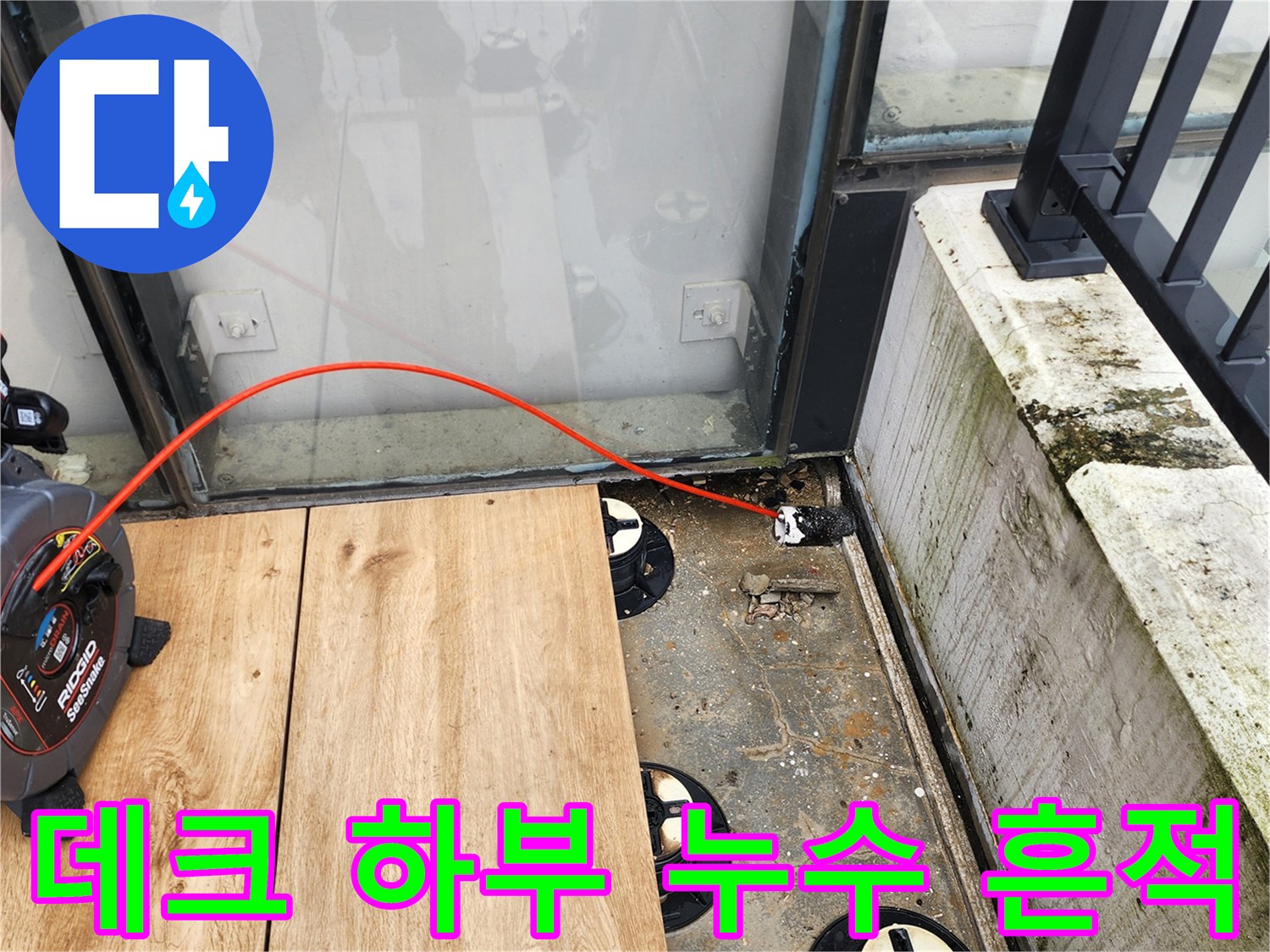 배수 캡 주변에 오염된 물이 고여 있는 모습입니다.