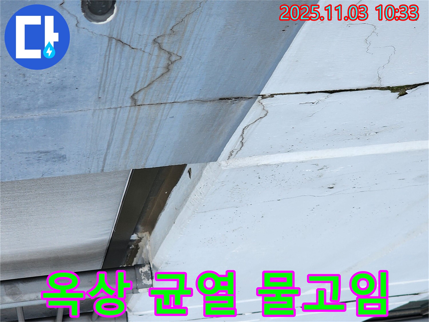 옥상 균열과 물고임 현장 - 누수 발생 가능성이 높습니다.
