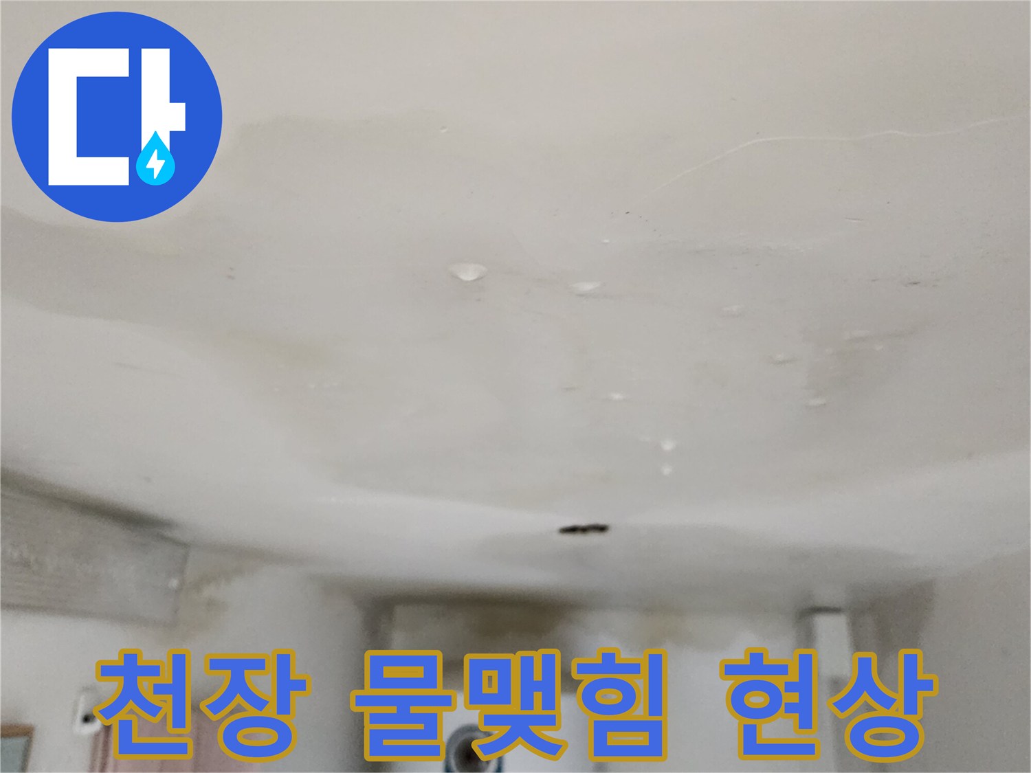 천장 마감재에 맺힌 투명한 물방울과 얼룩
