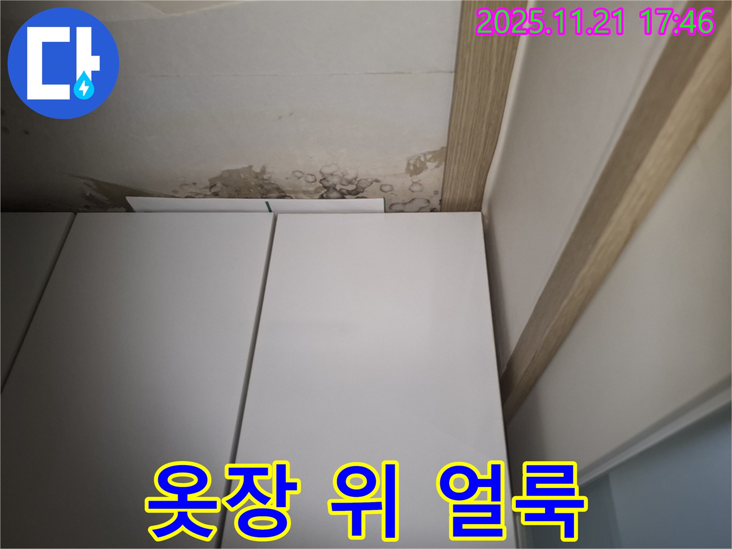 신림동 메가캐슬 옷장 위 천장 얼룩 - 윗집 누수 가능성을 확인해 보세요