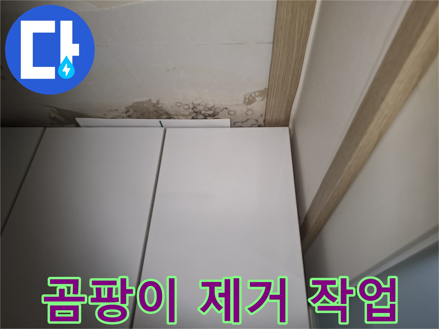 장 위 천장 누수로 인해 발생한 곰팡이를 제거하는 사진입니다.