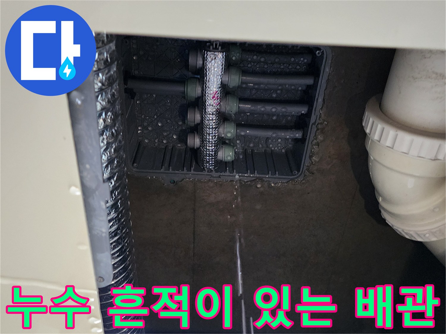 싱크대 아래 매립된 분배기 주변의 물샘 현상입니다.