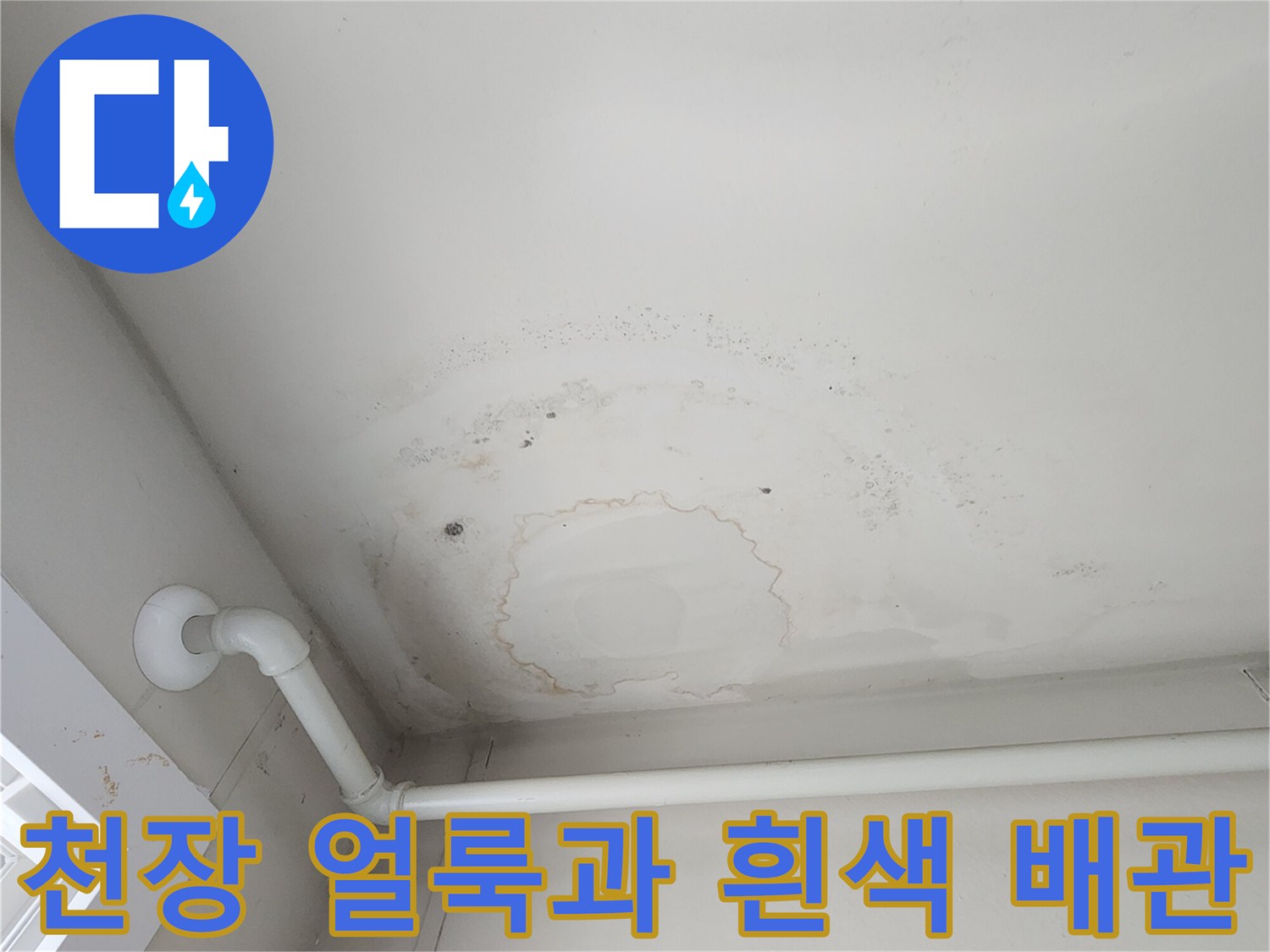 물자국이 남은 천장 면과 배관 연결부