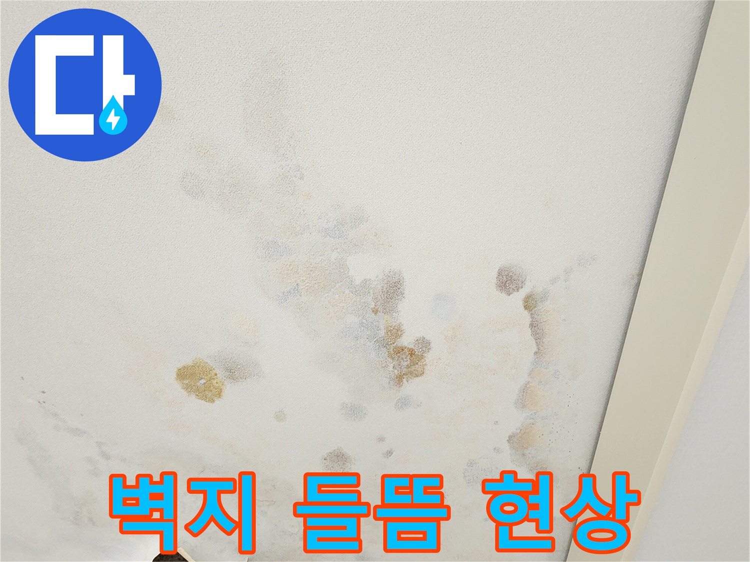 습기로 인해 부풀어 오른 천장 벽지 틈새와 파손 부위