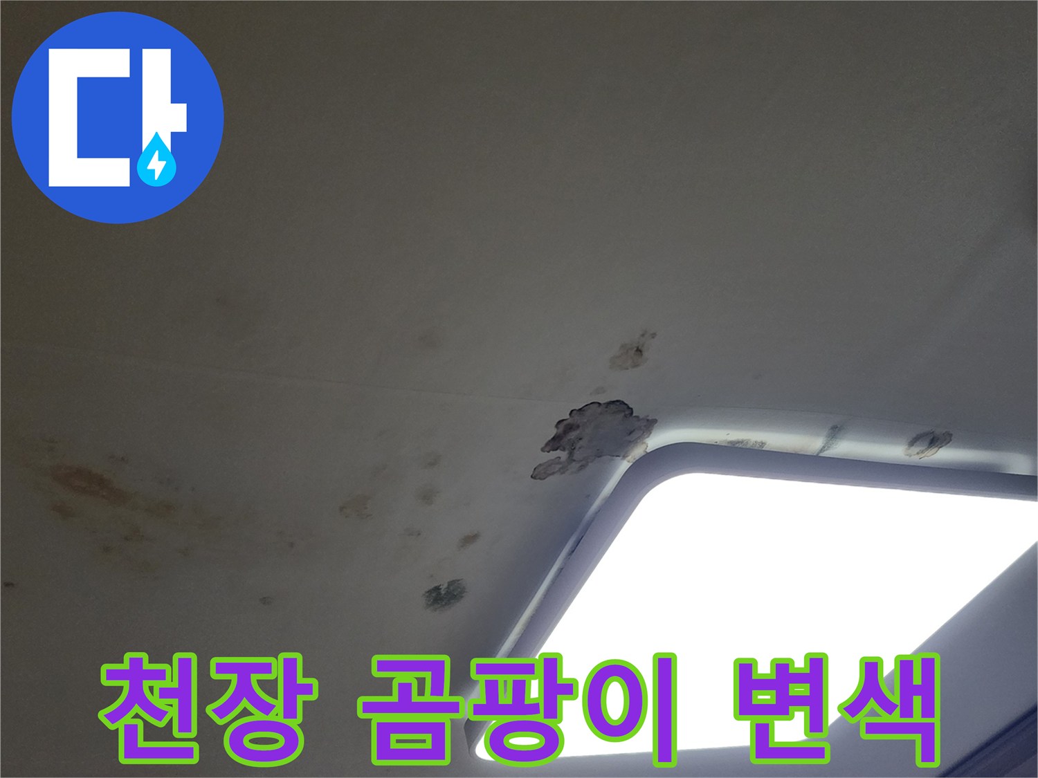 천장 벽면의 누수로 인한 갈색 물 얼룩과 오염