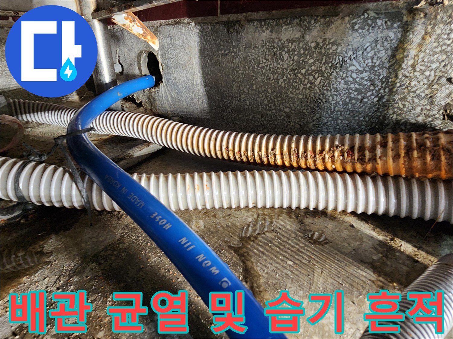 균열된 배관 주변의 젖은 바닥과 오염된 벽체 부위