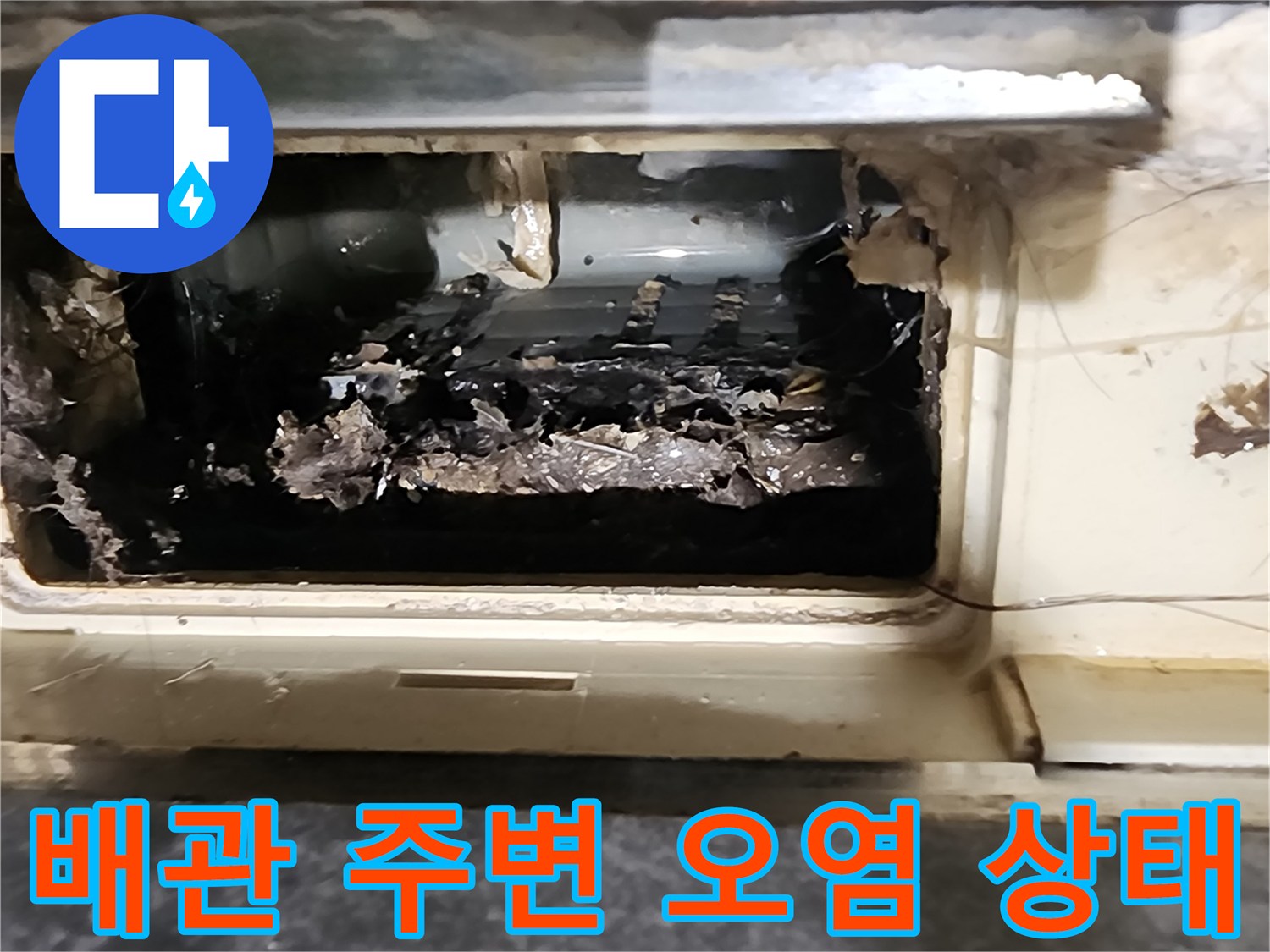 싱크대 아래 배관 틈새에 쌓인 검은색 이물질