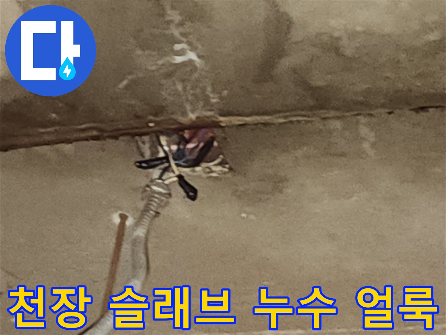 물샘으로 인해 변색된 천장 콘크리트 슬래브 표면
