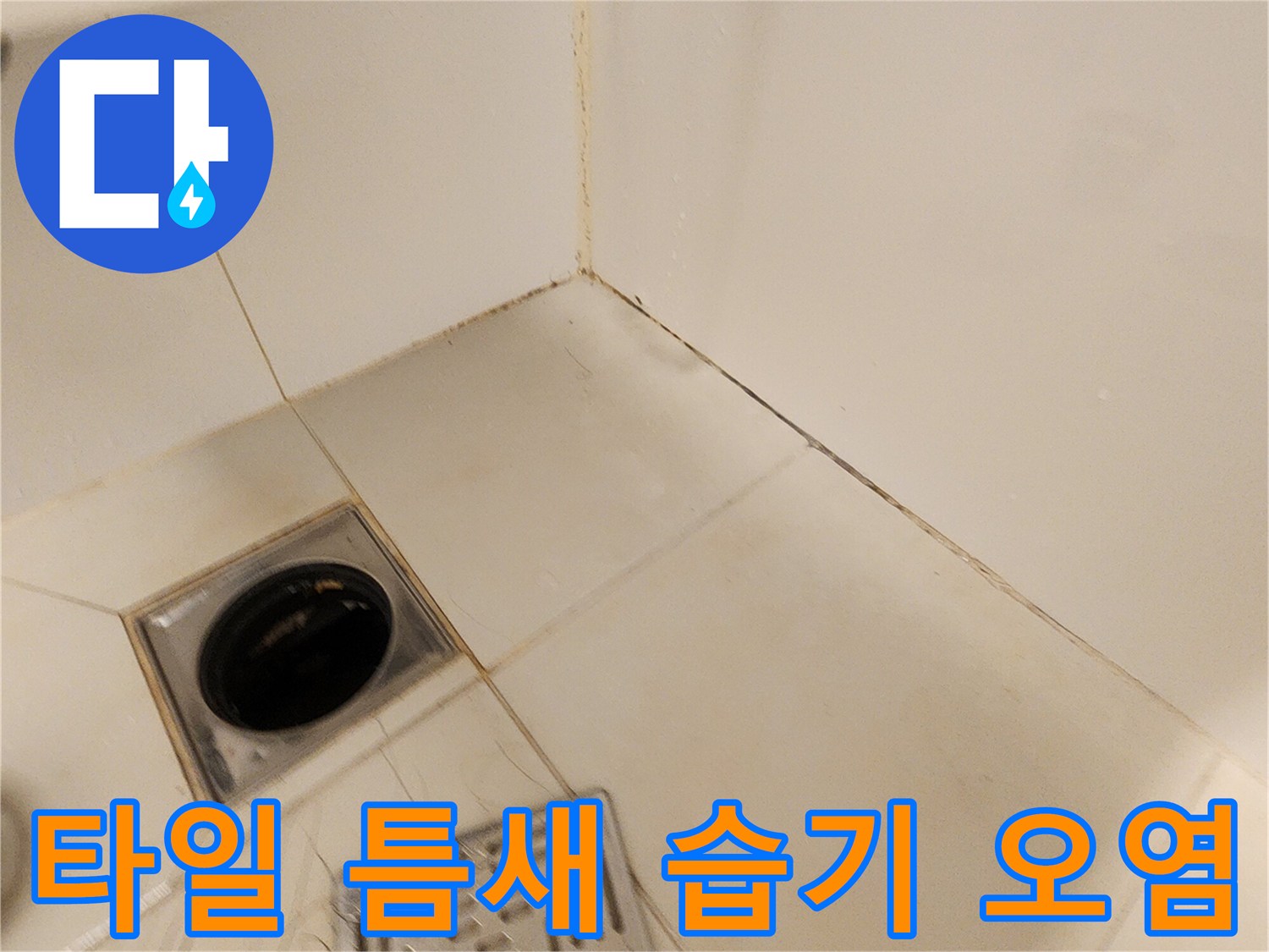 배수구 주변 타일 줄눈의 변색과 오염된 상태를 보여주는 사진