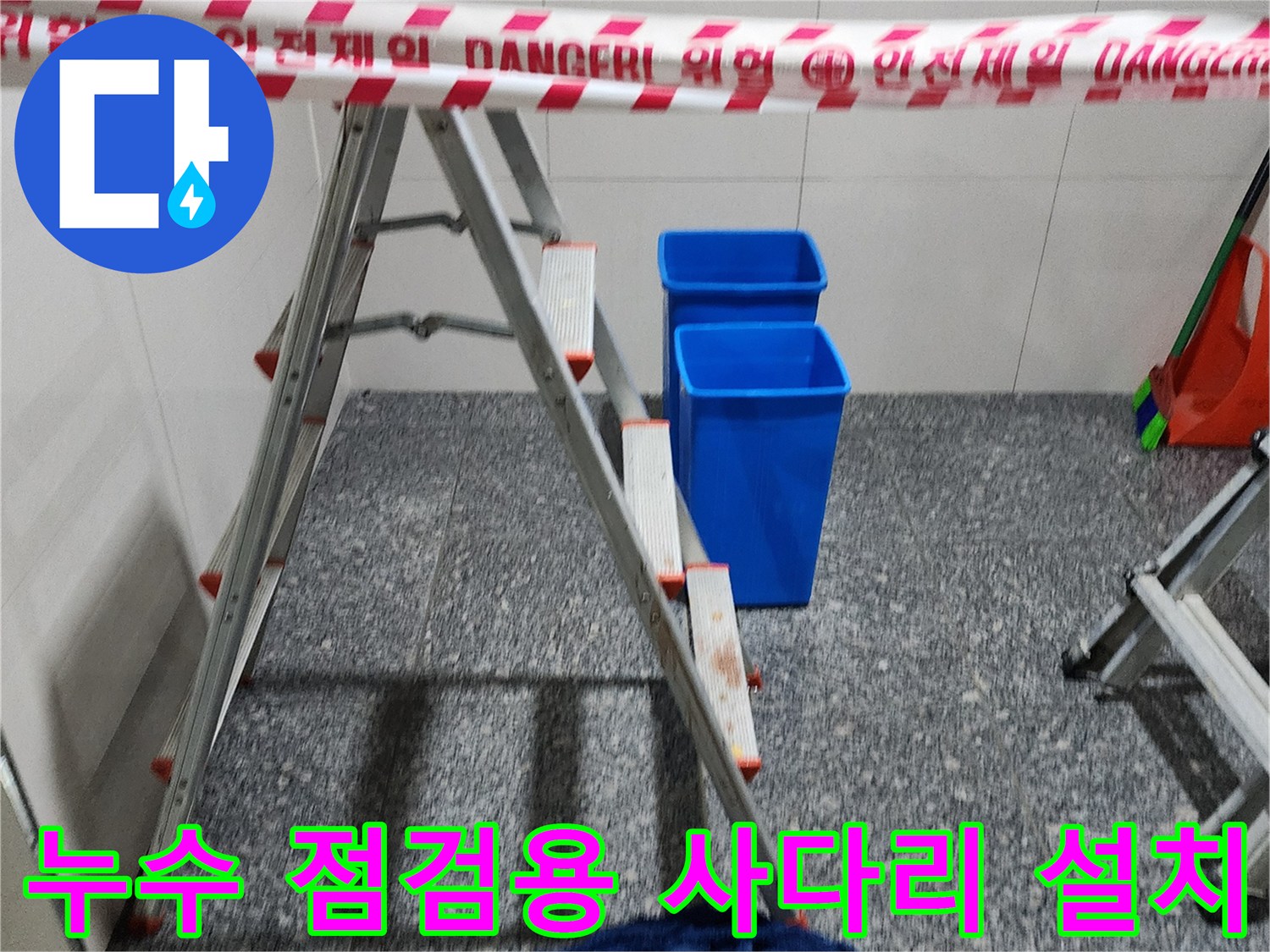 천장 배관 확인을 위해 배치된 알루미늄 사다리와 양동이