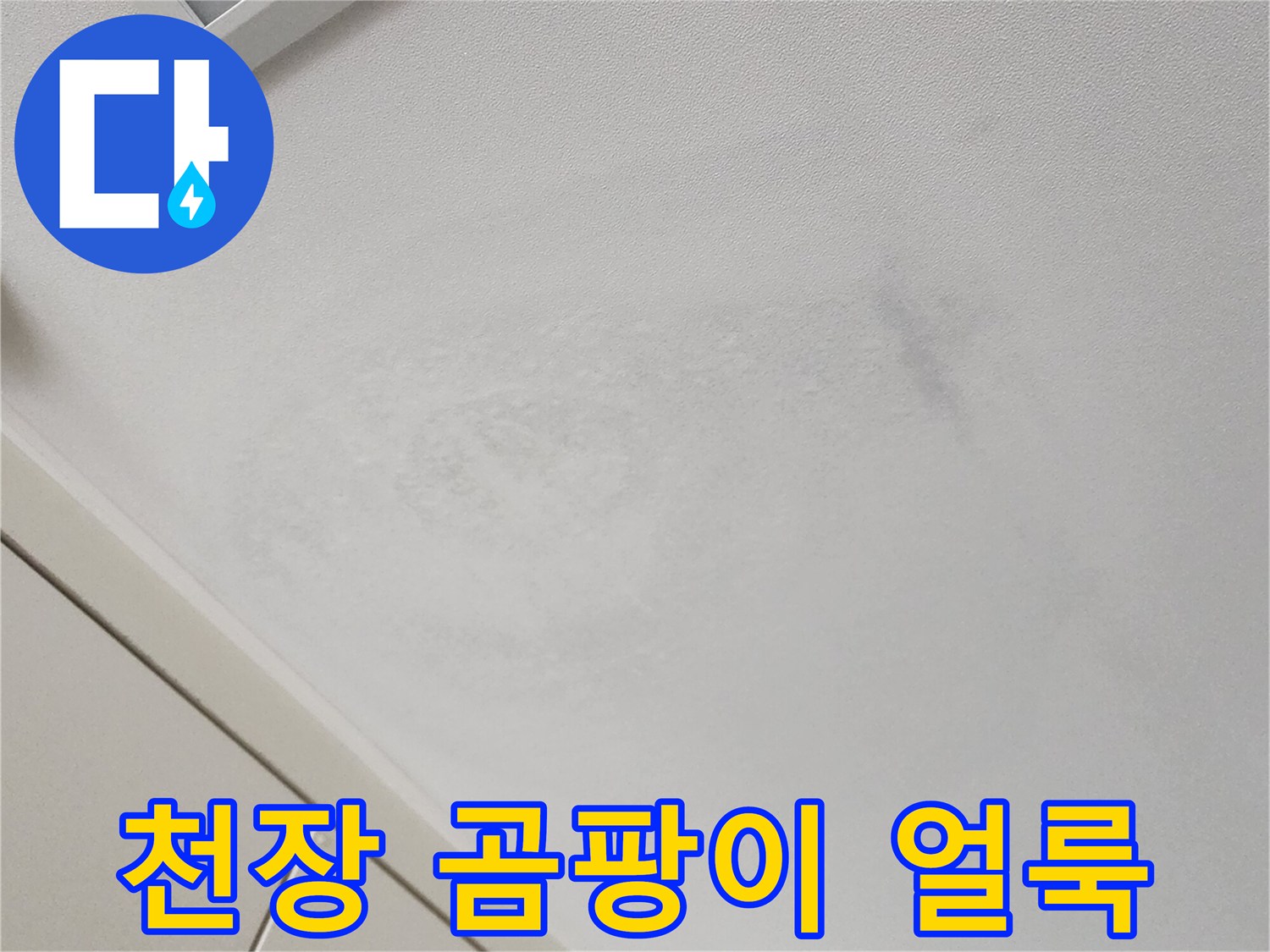 습기로 인해 변색된 천장 벽지 부분의 근접 촬영