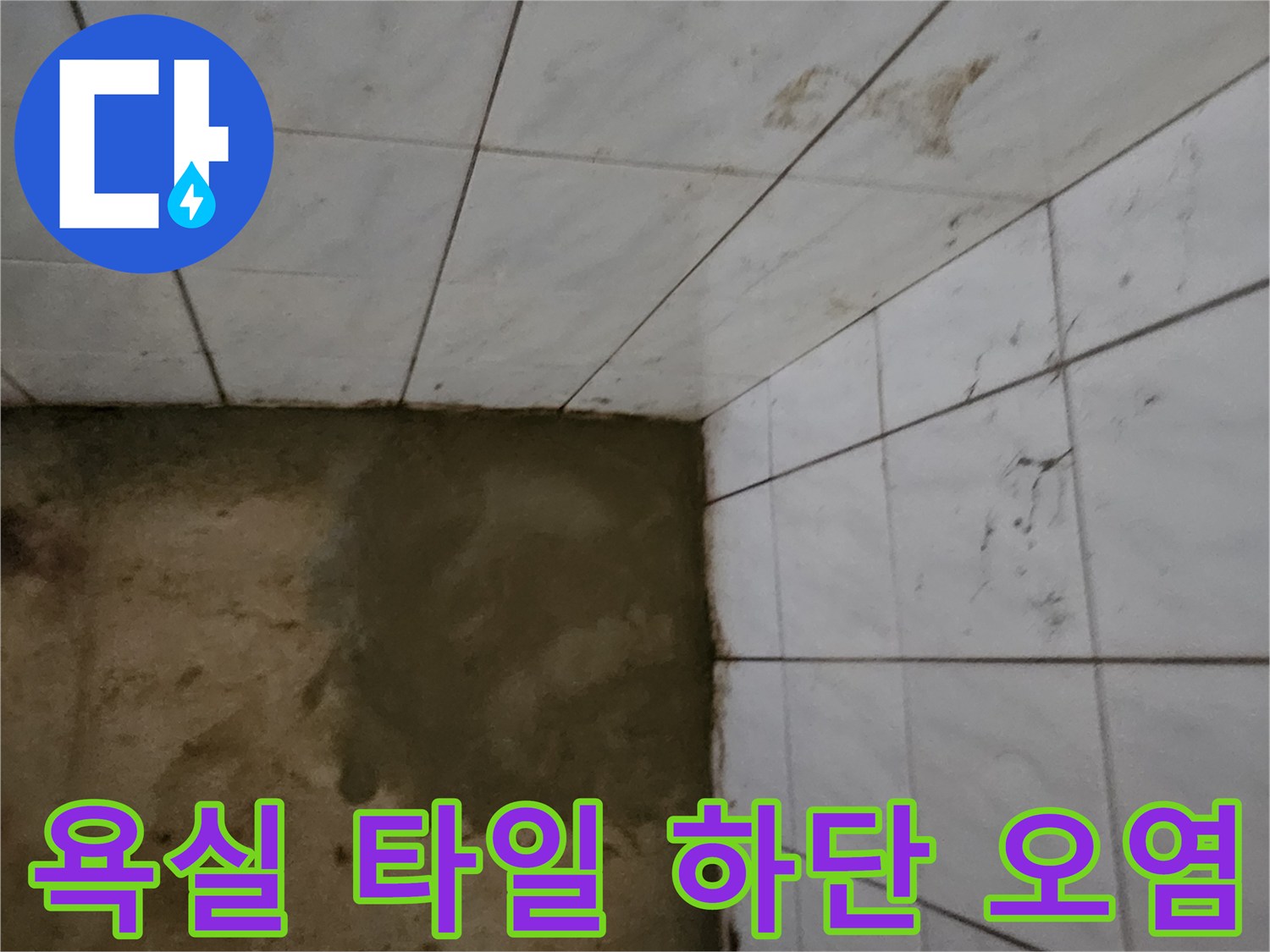 타일 벽면 아래쪽의 젖은 얼룩과 변색된 부위