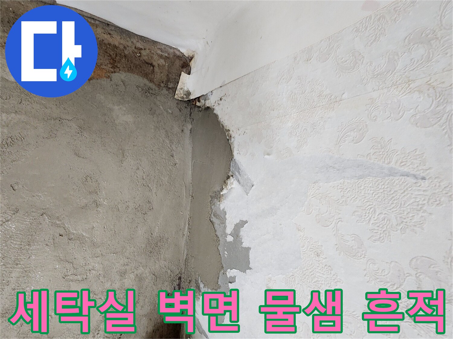 포천 신북면 세탁실-벽면 배관 누수로 인한 벽지 들뜸과 훼손 상태