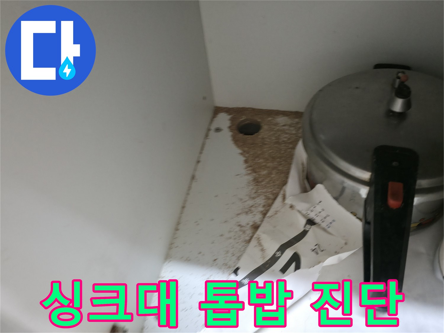 싱크대 밑 - 톱밥 - 누수 의심 - 빠른 점검 필요
