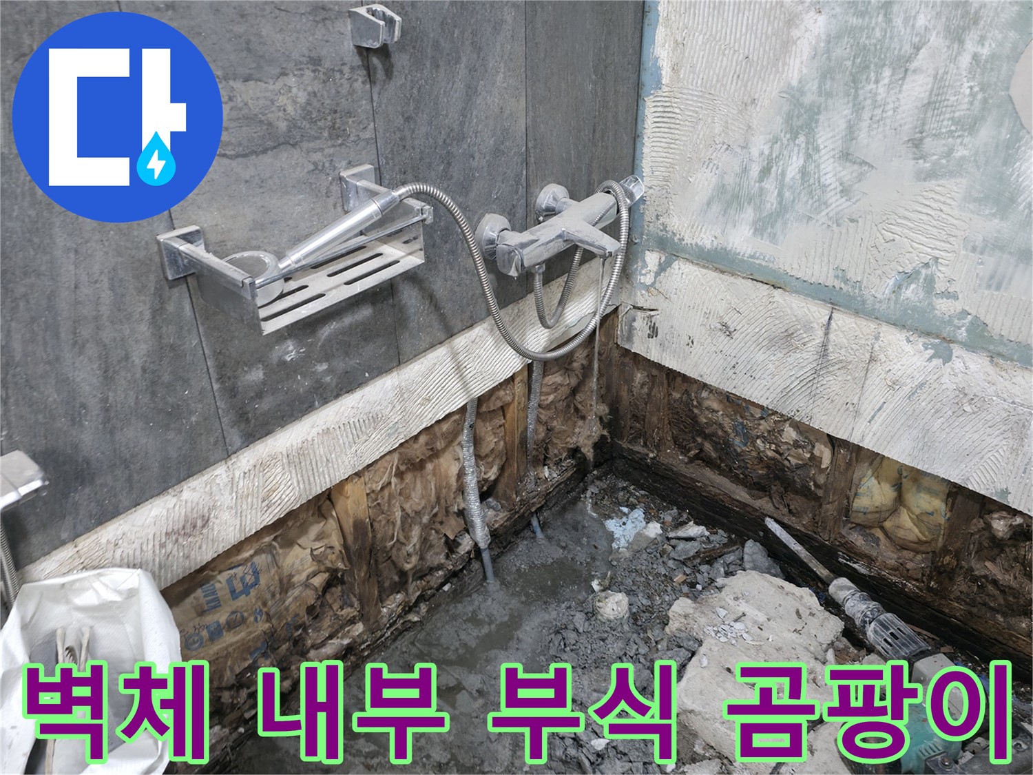 가평 상면 - 샤워기 누수로 젖어버린 벽체 내부 - 부식과 곰팡이가 심각합니다.