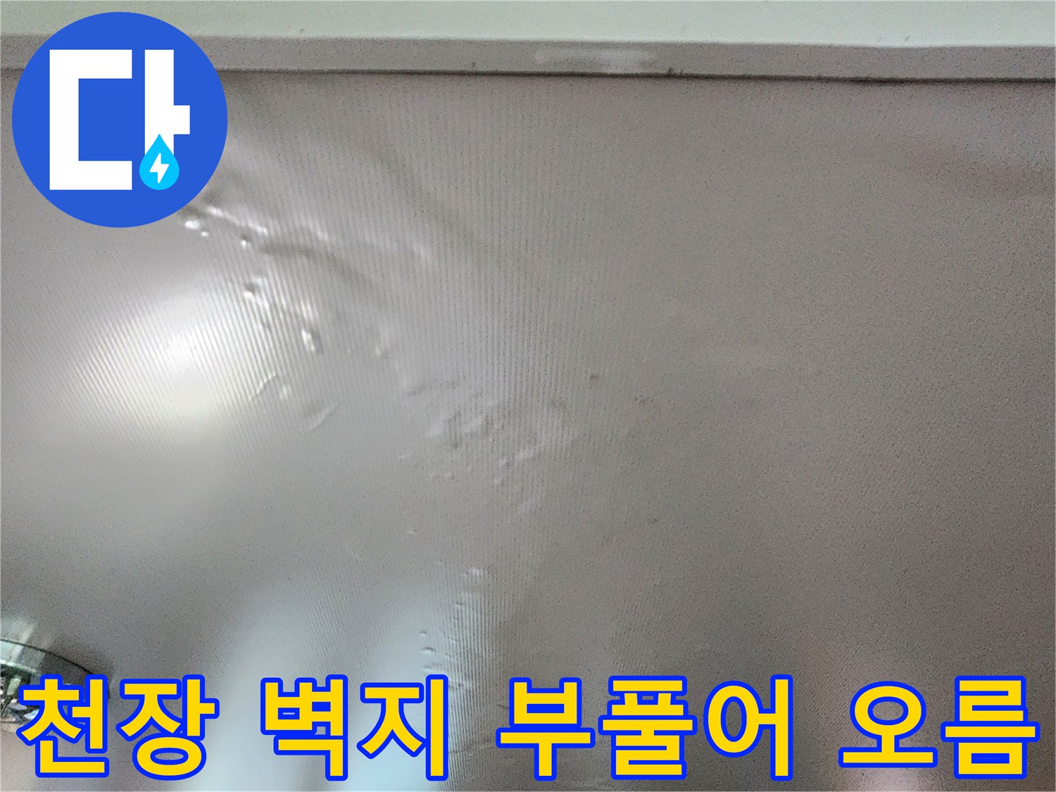 물기로 인해 팽창하여 모양이 변형된 천장 벽지 표면