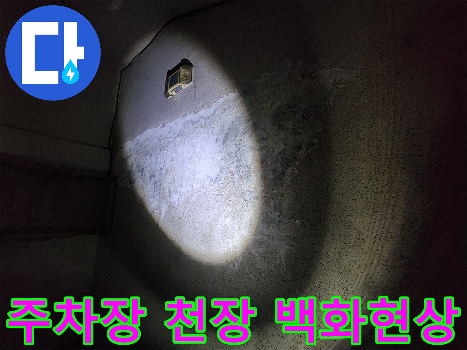 지하 주차장 천장 슬래브-백화 현상이 발생한 모습