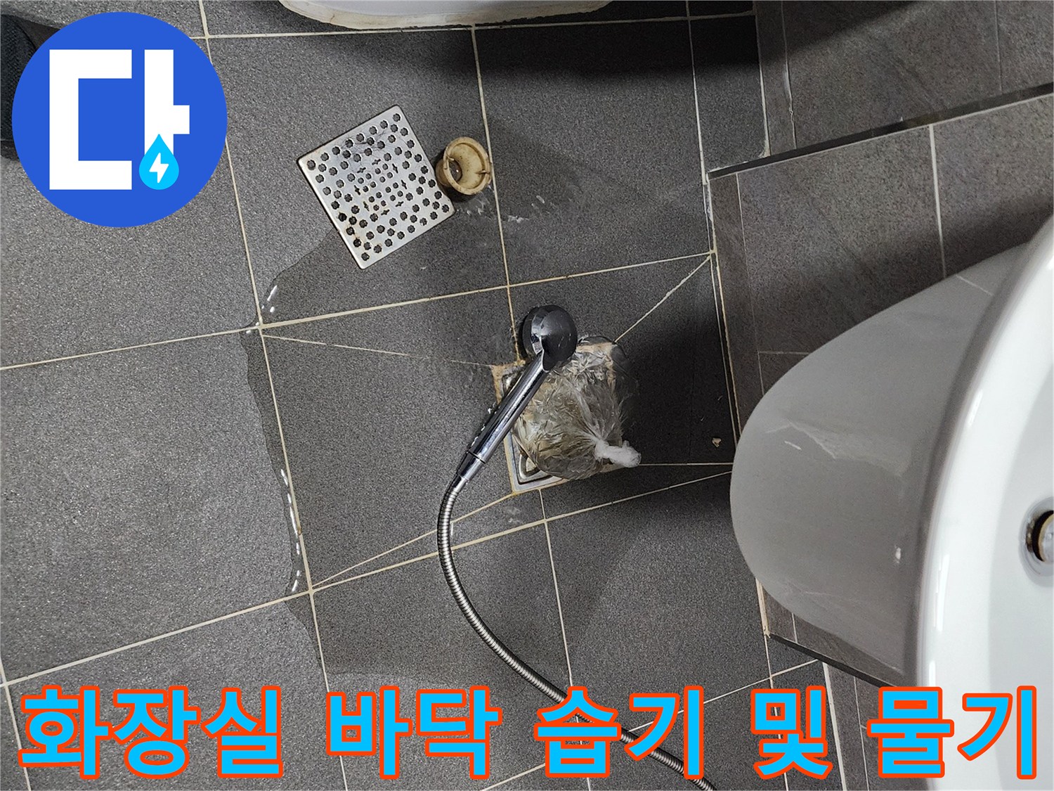 욕실 배수구 주변 타일이 젖어 있는 누수 의심 현장 사진