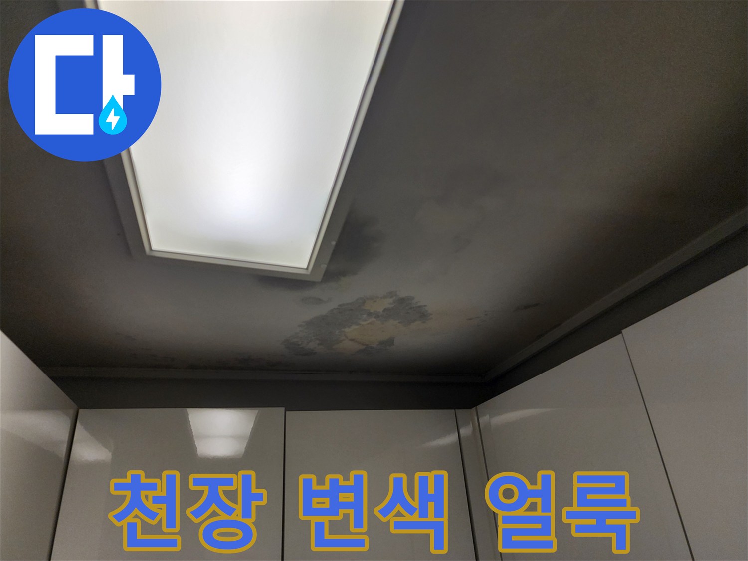 거실 천장 조명 주변의 심한 변색과 물샘 흔적