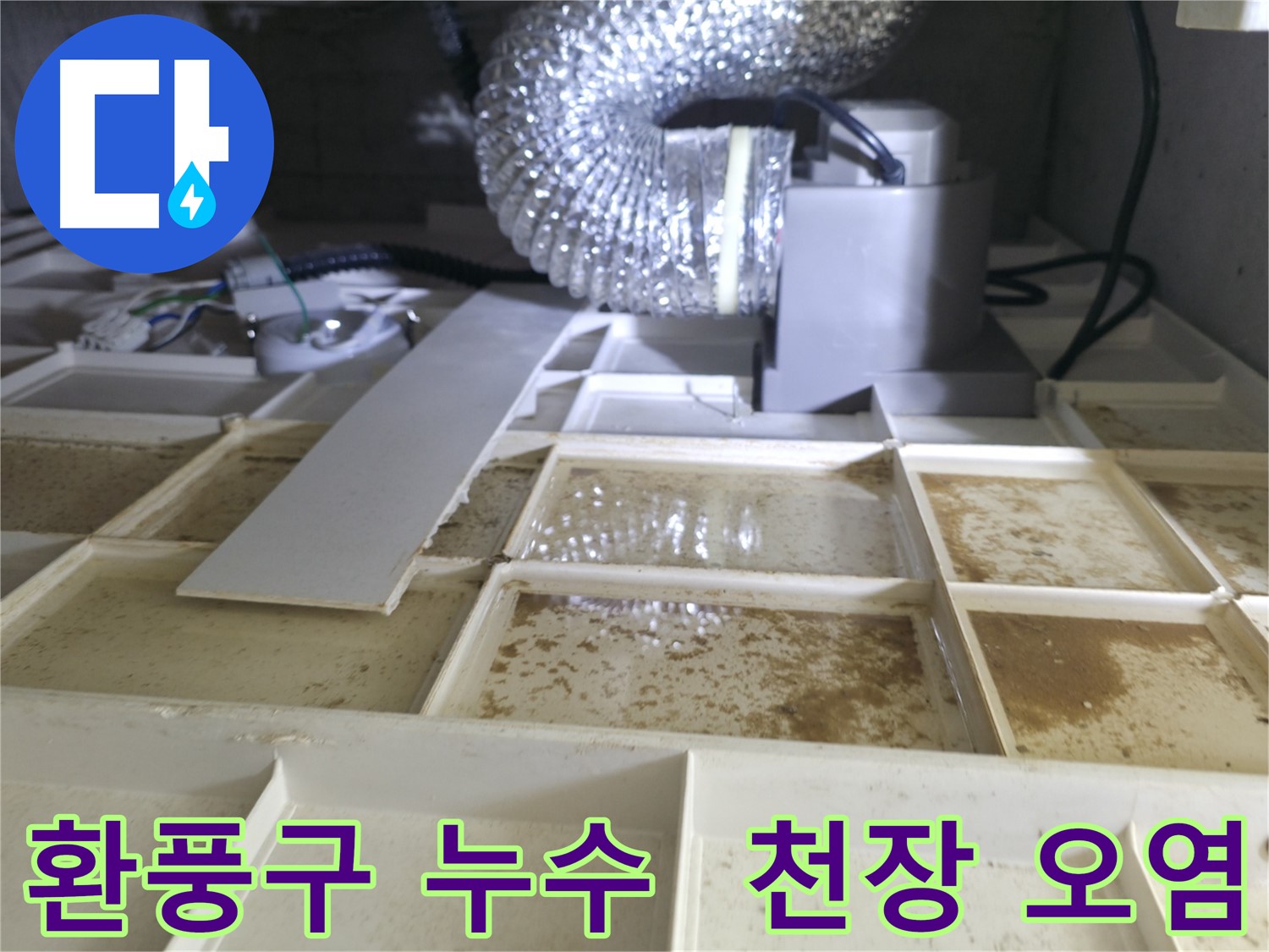 환풍구 누수로 인한 천장 오염 확인 - 누수 경로 파악