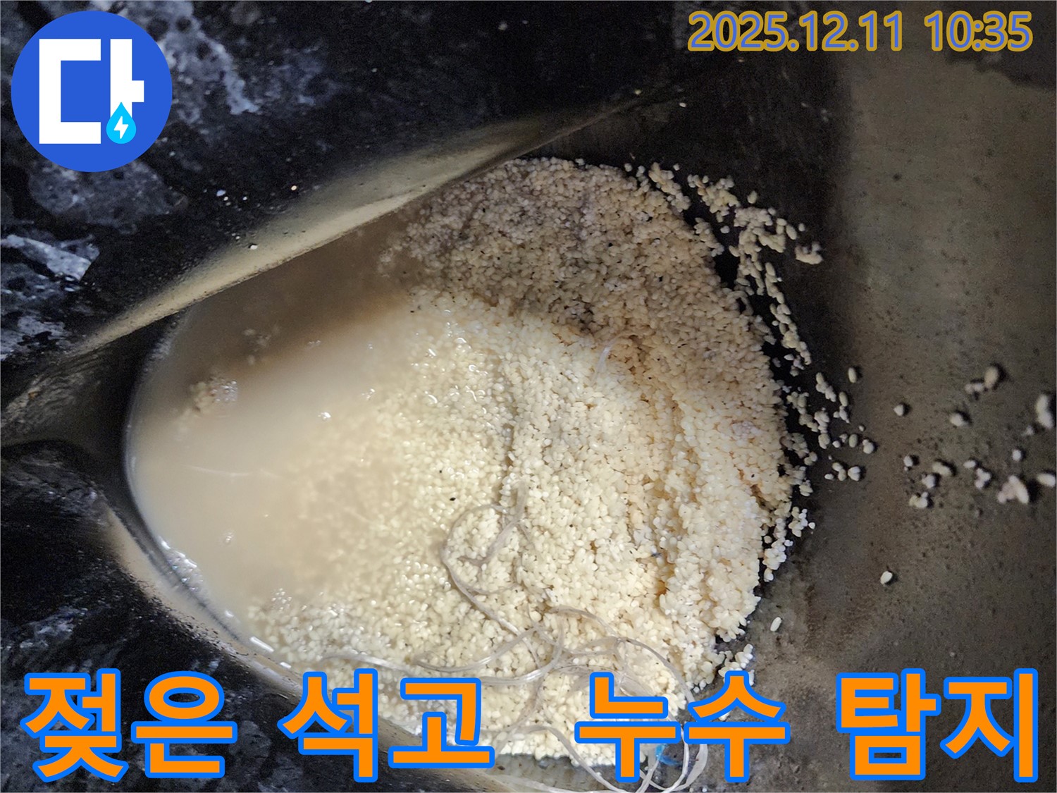 남궁리 누수 현장 - 젖은 석고 가루 속 누수를 신속하게 탐지하고 정확하게 진단하는 모습입니다.