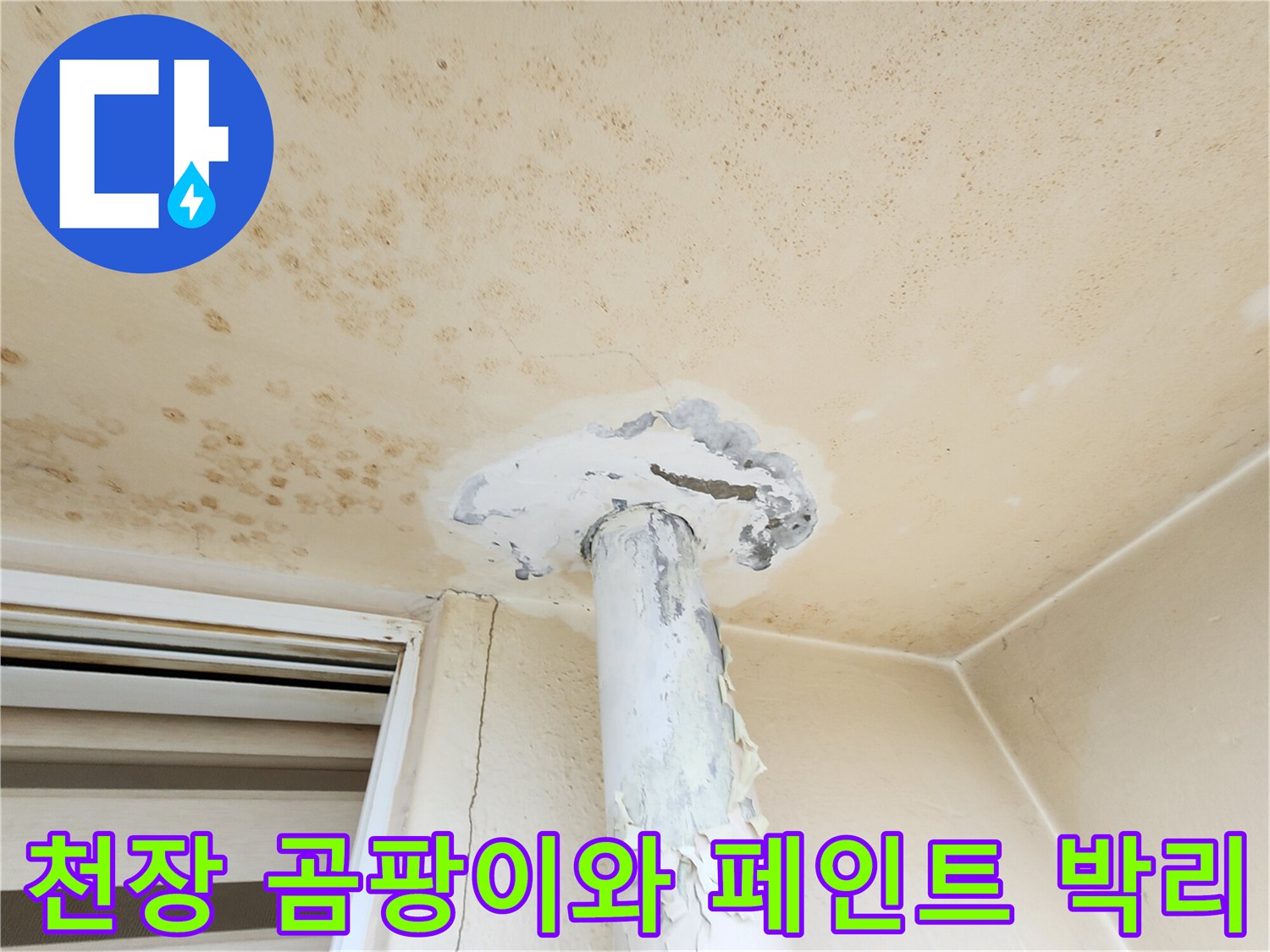 천장 배관 주변의 페인트가 벗겨지고 오염된 현장 사진