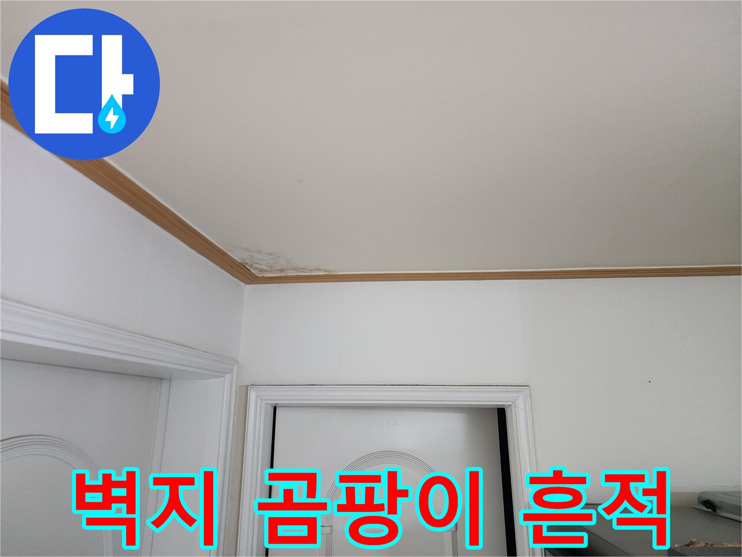 천장 벽지 끝부분의 누수 변색 부위