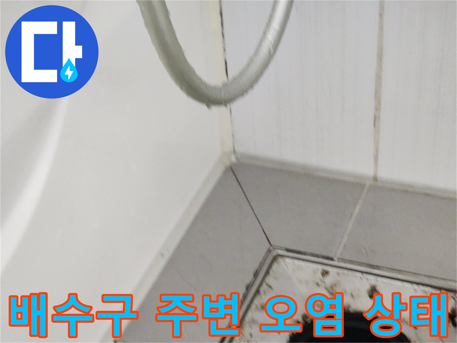 욕실 배수구 유가 주변의 타일 틈새와 이물질 오염 상태를 보여주는 사진입니다.