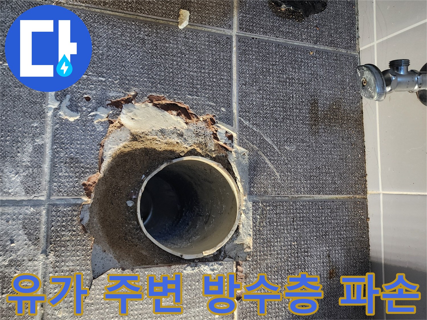 깨진 타일 사이로 드러난 하수 배관의 결함 부위