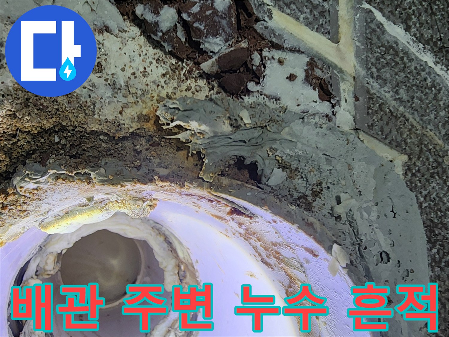 누수가 진행된 배관 주변의 젖은 마감재 모습