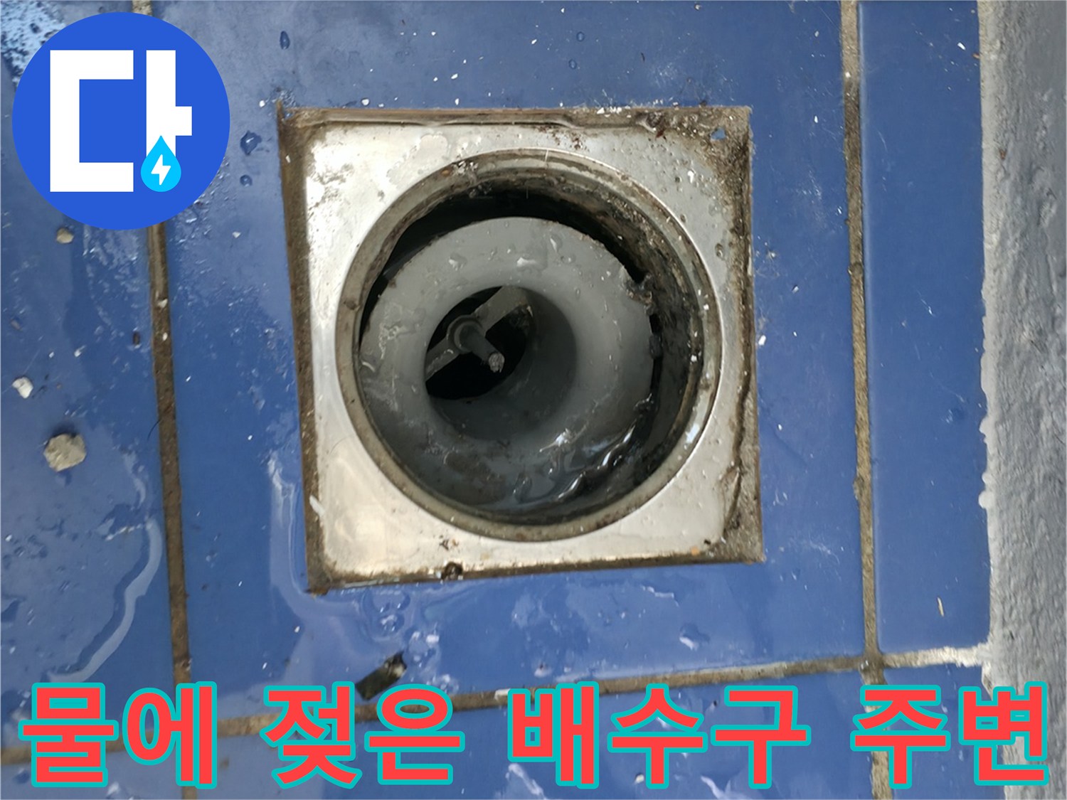 배수구 주변 타일 틈새로 물이 고여 있는 모습