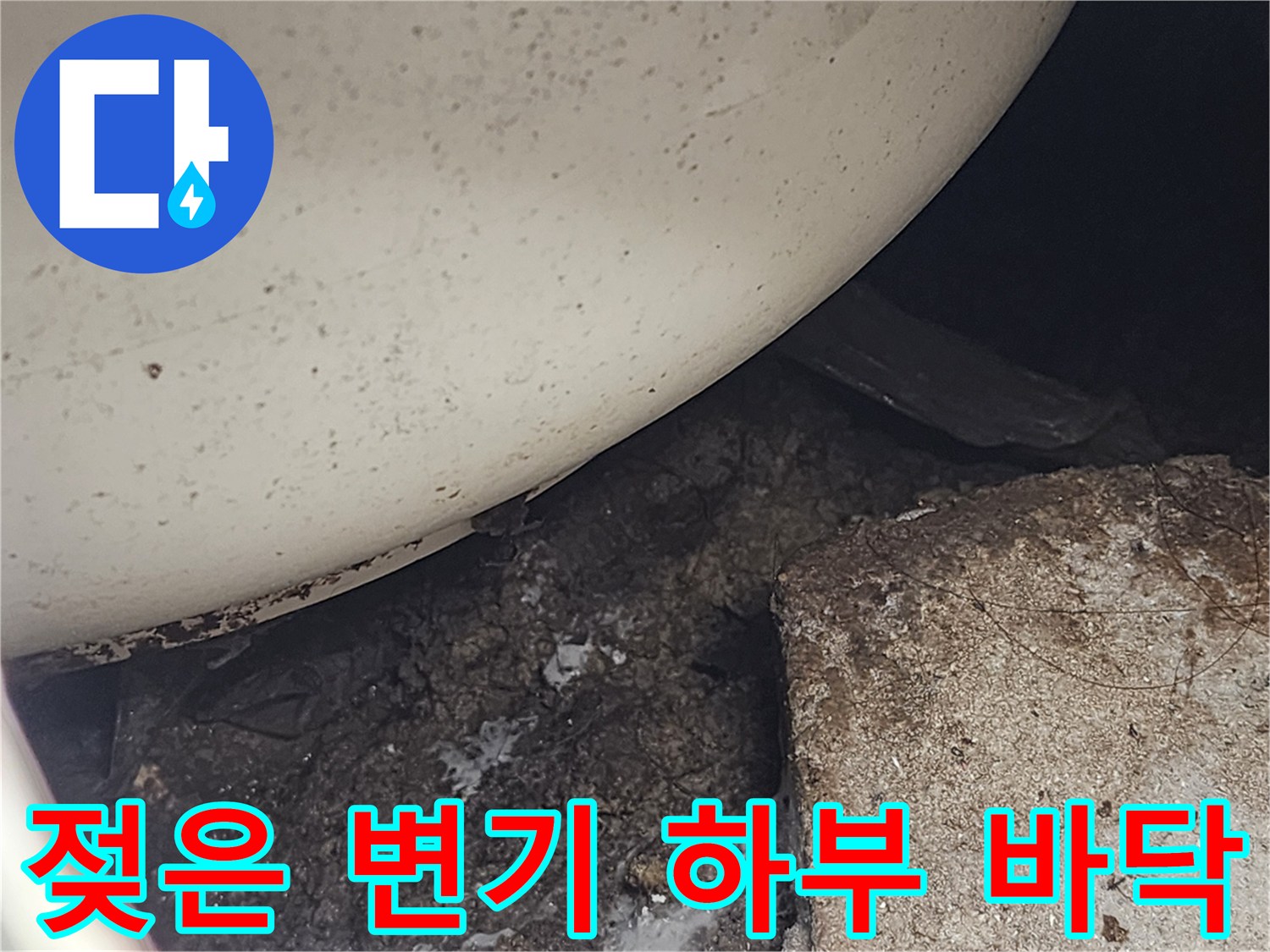 변기 밑 배수구 주변의 젖은 흙과 이물질